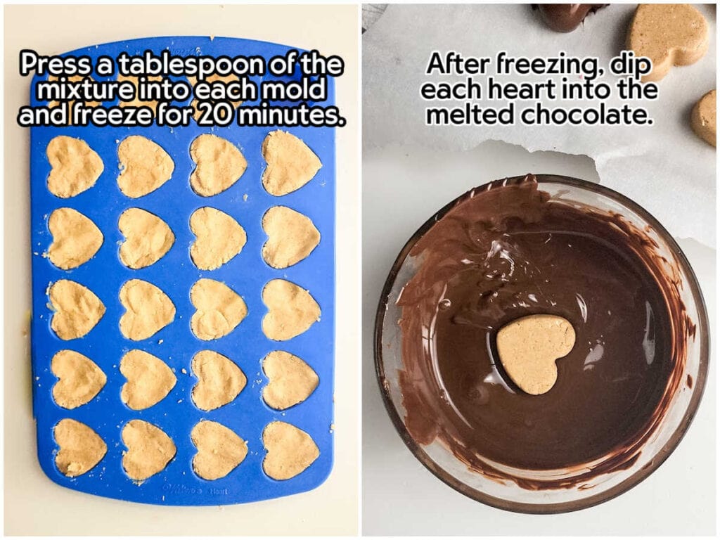 Two photo collage of filling the heart-shaped molds with the peanut butter filling and dipping a peanut butter heart in chocolate with text overlay.
