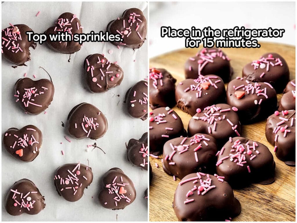 Two photo collage of adding sprinkles to the chocolate coated hearts and the chilled hearts on a wooden cutting board with text overlay.