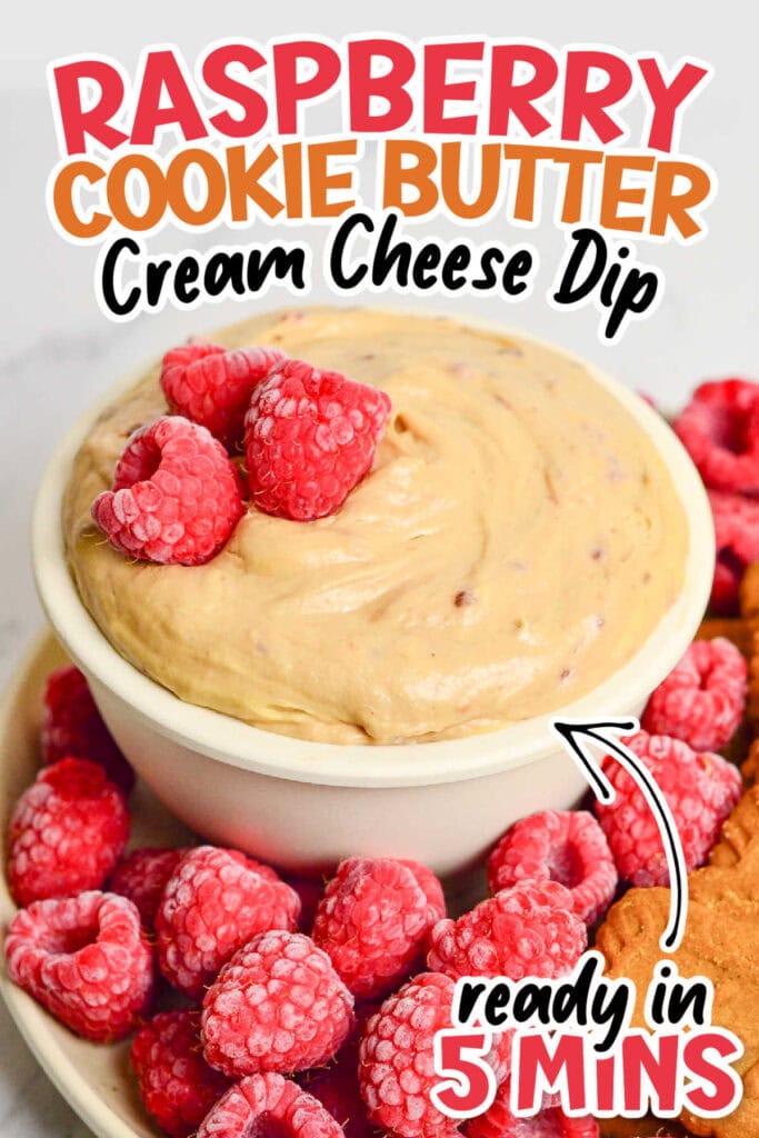 Closeup view of bowl of Biscoff cookie butter dip with whole raspberries and Lotus cookies with text overlay.