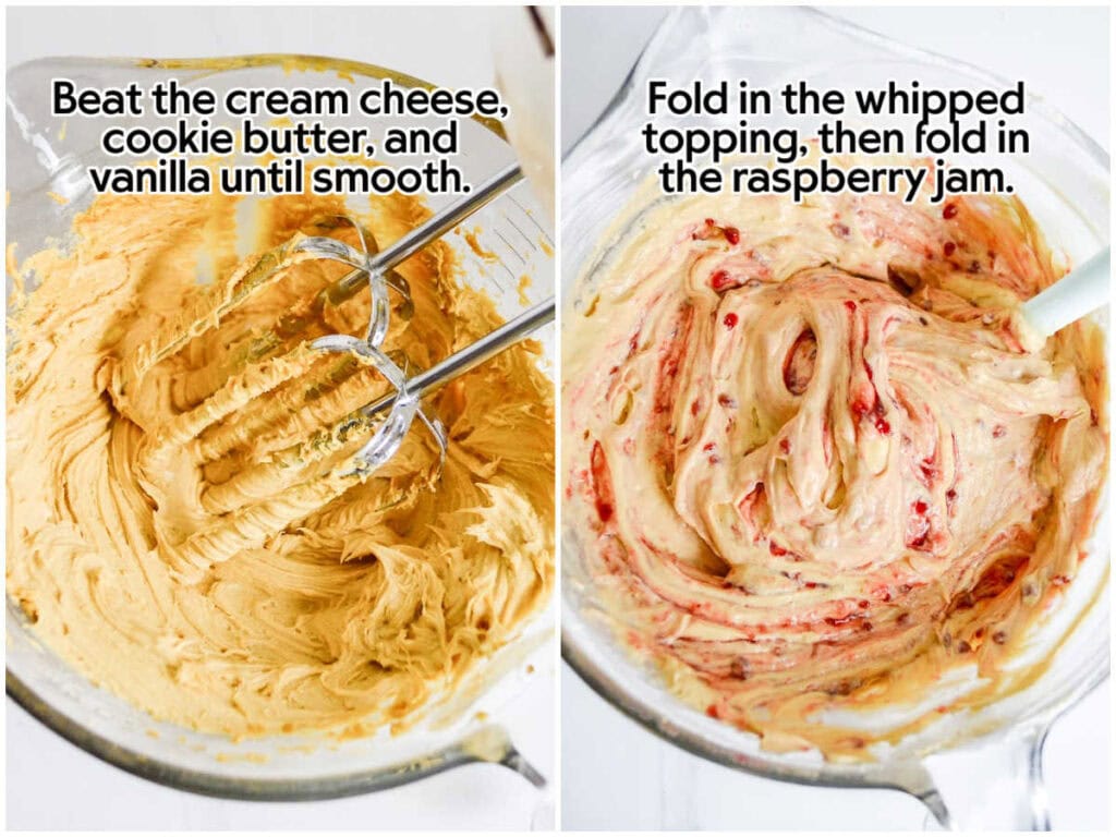 Two photo collage of mixing the Biscoff spread, cream cheese and vanilla and folding in the Cool Whip and raspberry preserves.