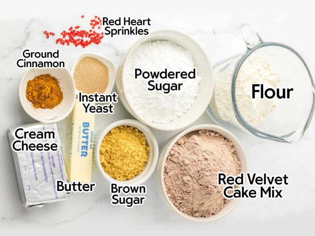 Ingredients to make cinnamon rolls from a boxed cake mix with text labels.