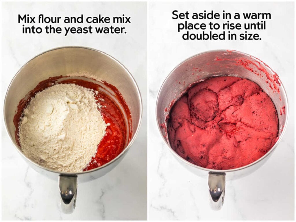 Two photo collage of combining the flour, cake mix and yeast water and the batter after mixing with text overlay.