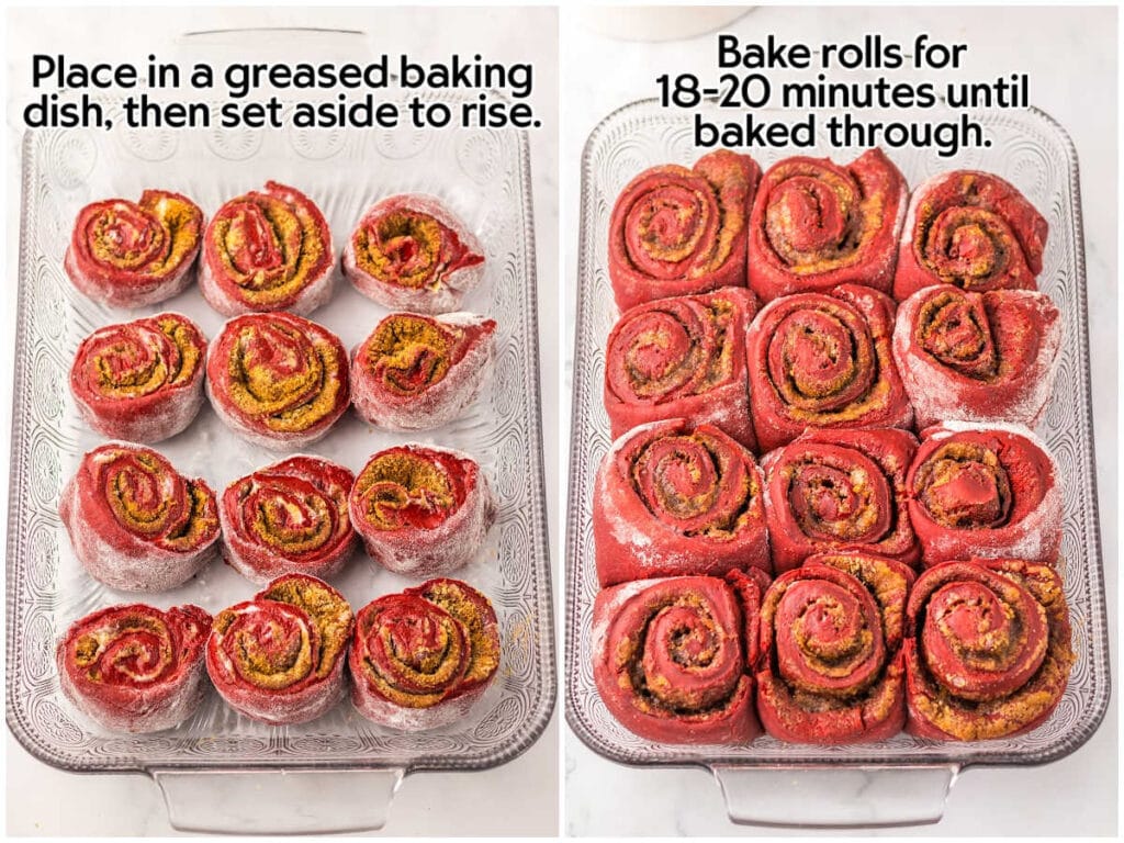 Two photo collage of the cut cinnamon rolls in a baking dish and the rolls after baking with text overlay.