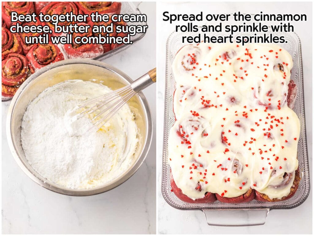 Two photo collage of mixing the cream cheese frosting ingredients and frosting the red velvet cinnamon rolls with text overlay.
