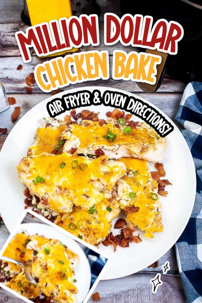 Two photo collage of plate of air fried million dollar chicken and chicken on a fork with text overlay.