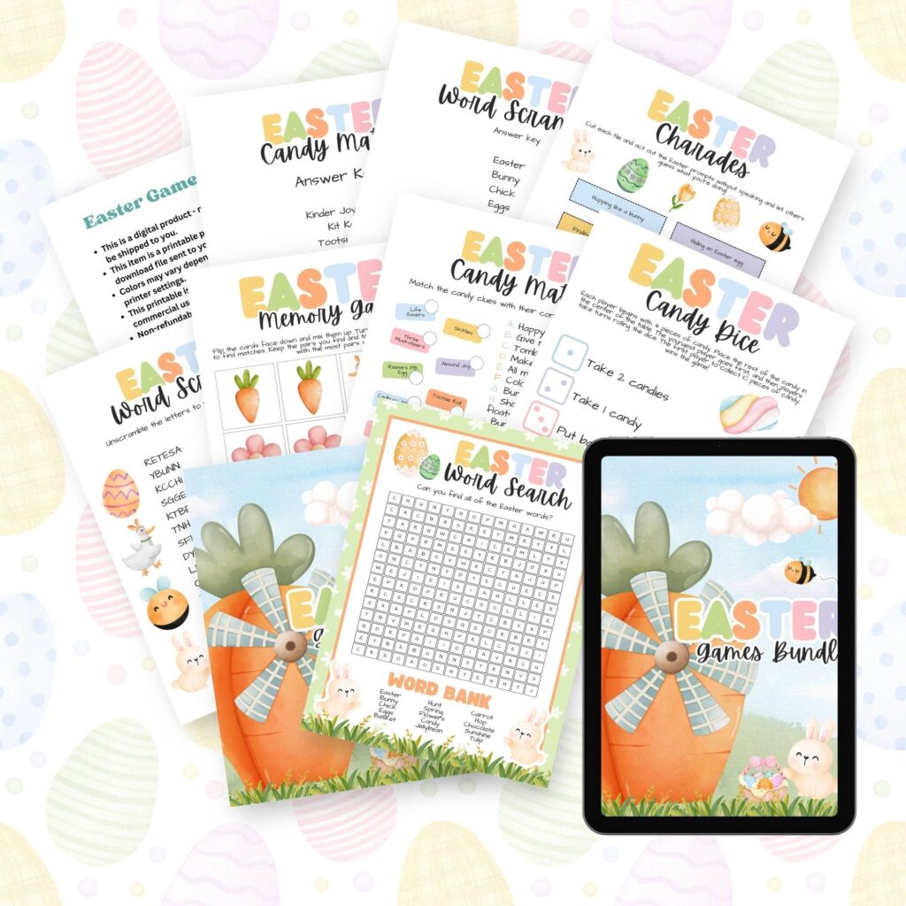 Graphic image of various sheets included in the kids Easter games bundle.