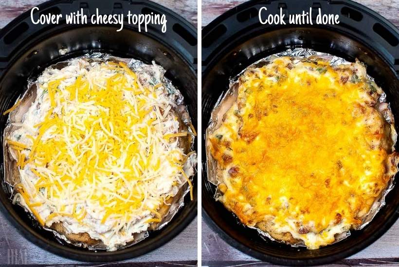 Two photo collage of topping the cooked chicken with the sauce and cheese the casserole after it's cooked.