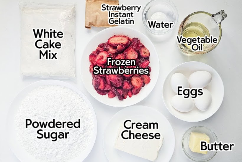Ingredients to make strawberry cupcakes and frosting with text labels.
