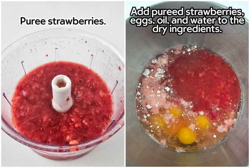Two photo collage of pureeing the berries and placing all the ingredients in a mixing bowl.