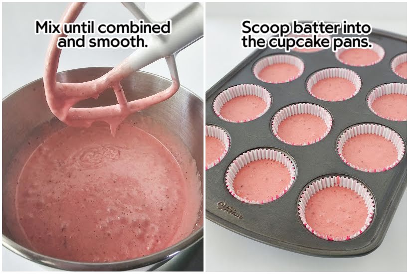 Two photo collage of the batter mixed together and portioned into the cupcake pans.