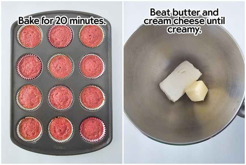 Two photo collage of the baked cupcakes in a pan and adding the butter and cream cheese to a mixing bowl.