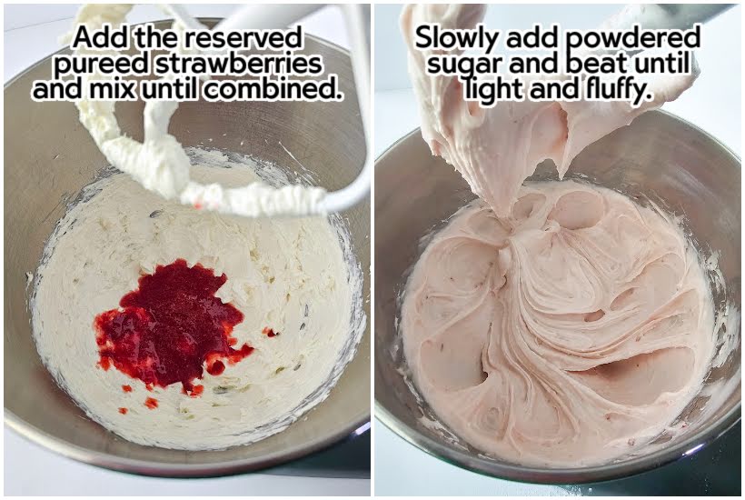 Two photo collage of adding pureed strawberries to the cream cheese mixture and beating the frosting ingredients together.
