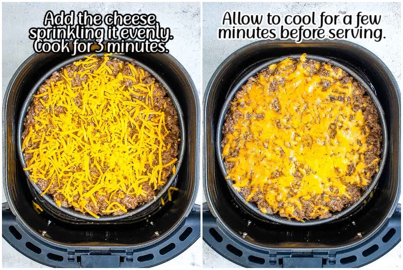 Two photo collage of adding cheese to the cooked beef and potato casserole and the dish after the cheese has melted with text overlay.