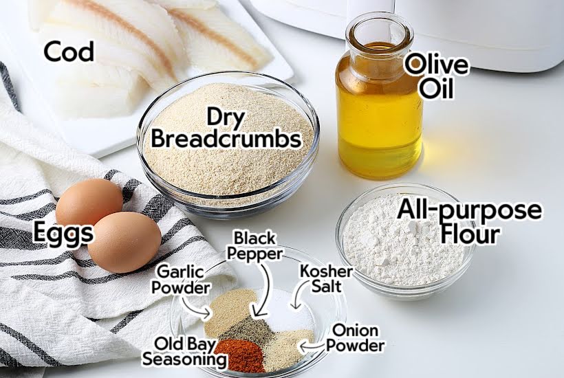 Ingredients to make breaded cod in air fryer with text labels.