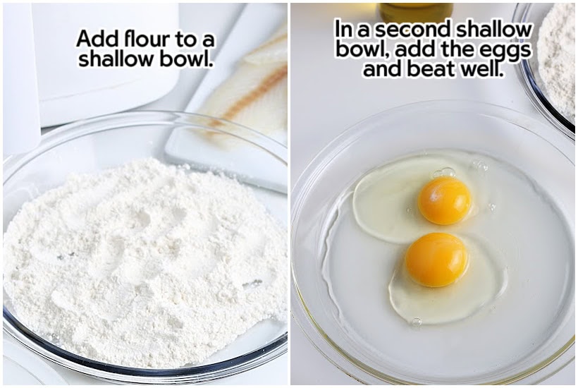 Two photo collage of dredging station with flour in one bowl and two eggs in a second bowl with text overlay.