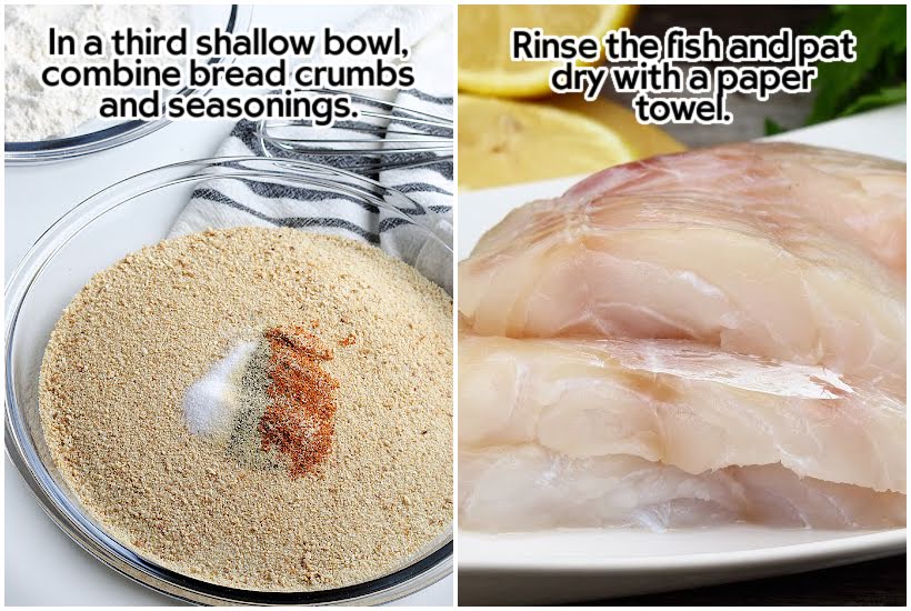 Two photo collage of the panko breadcrumbs and seasonings in a bowl and the fish fillets on a plate with text overlay.