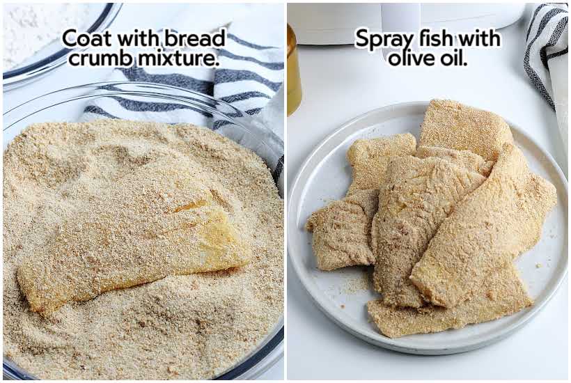 Two photo collage of coating the fish in the bread crumb mixture and the breaded fish on a white plate with text overlay.