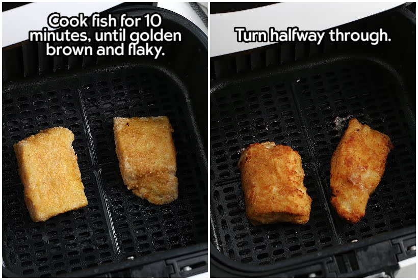 Two photo collage of the breaded fish in the air fryer basket and the filets after cooking with text overlay.
