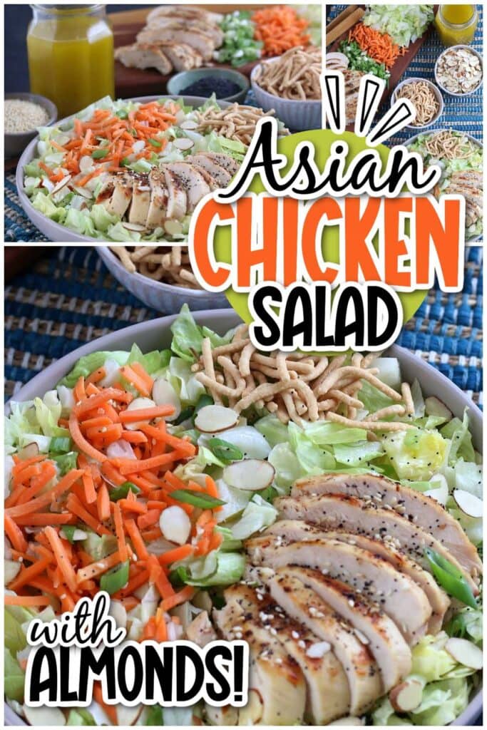 Three photo collage of bowls of crunchy Asian chicken salad with noodles with text overlay.