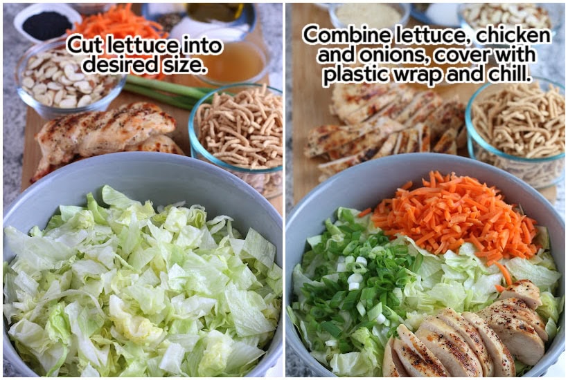Two photo collage of cutting the lettuce and adding the onion, carrots and chicken to the Oriental chicken salad with text overlay.