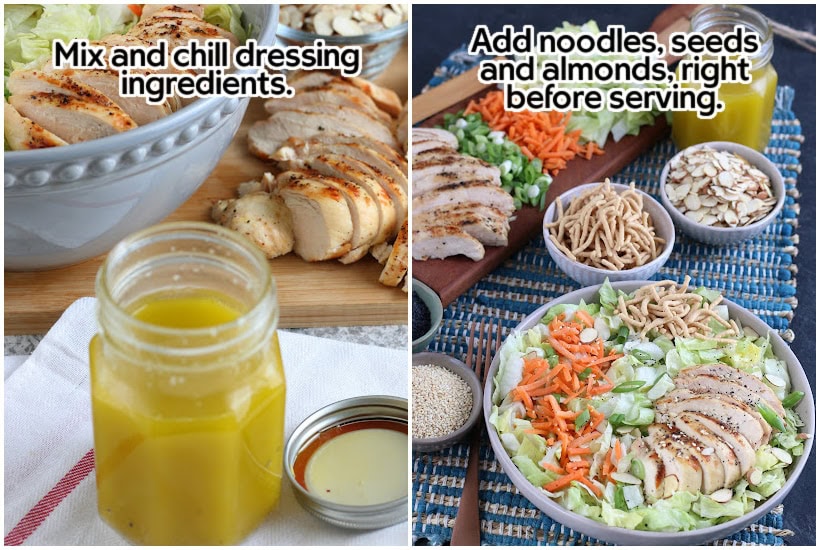 Two photo collage of making the Chinese chicken salad dressing and adding the noodles, nuts and seeds with text overlay.