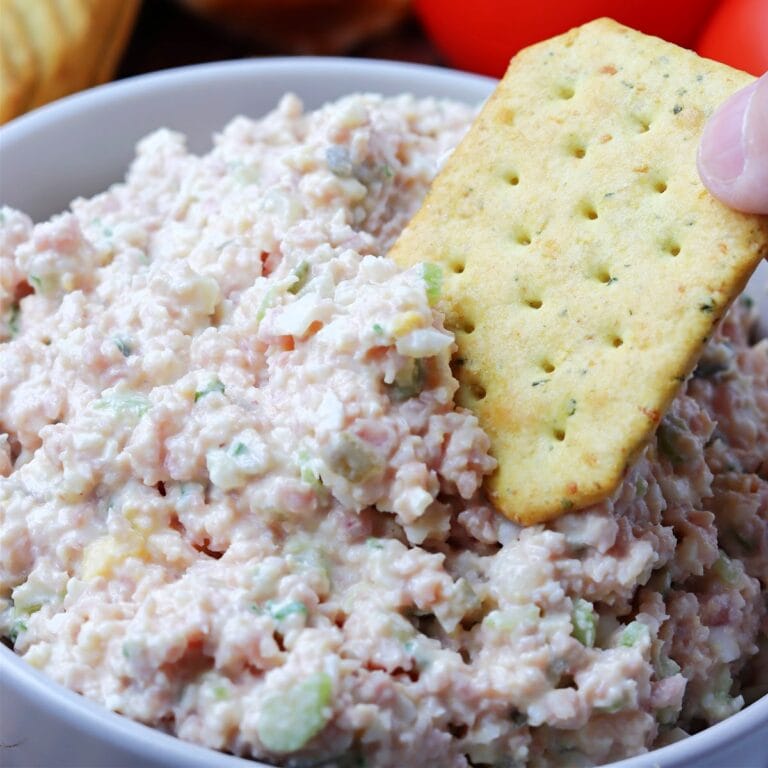 Closeup view of a cracker being dipped into a bowl of old fashioned ham salad.