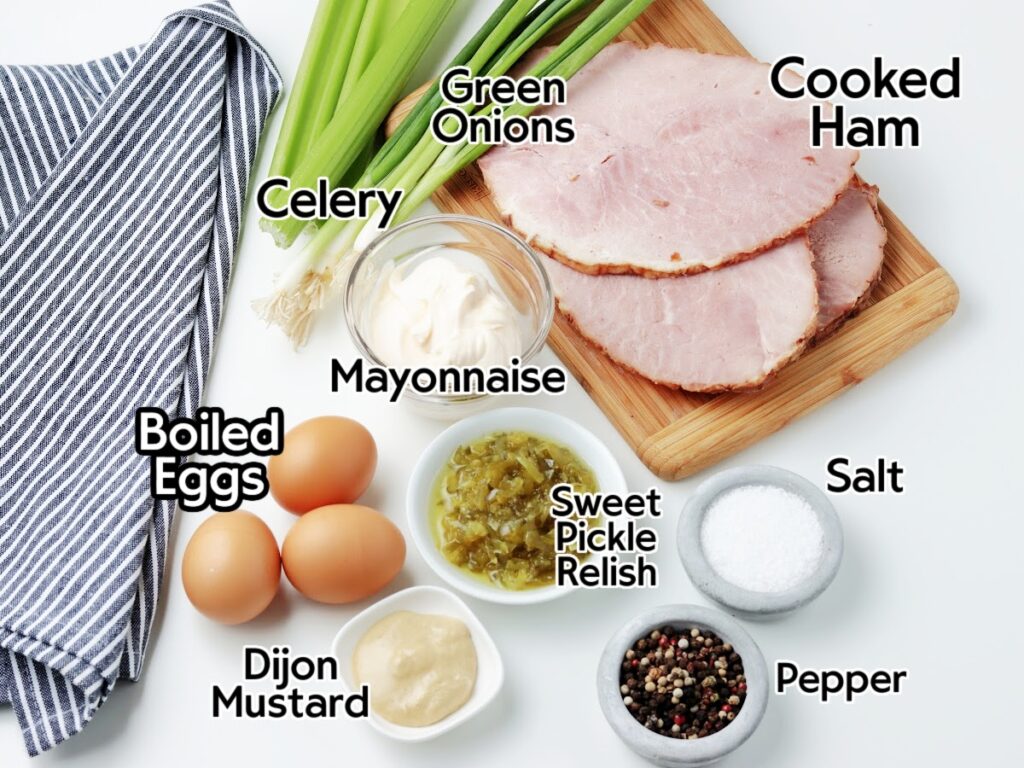 Ingredients to make the easy ham salad recipe with text labels.
