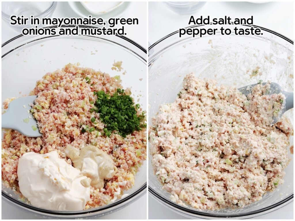 Two photo collage of adding the mayonnaise, Dijon mustard and green onion to the ham mixture and mixing the ham spread together with text overlay.