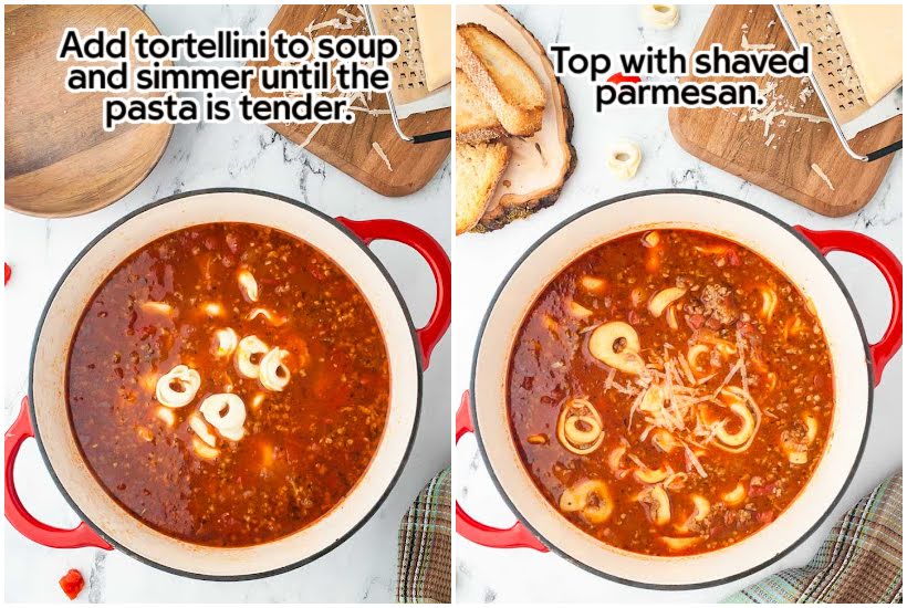 Two photo collage of adding the tortellini to the soup broth and adding shaved Parmesan after it's been cooked with text overlay.