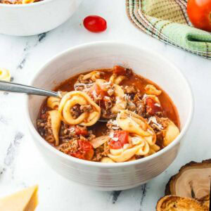 Bowl of rustic Italian tortellini soup garnished with shaved parmesan cheese.