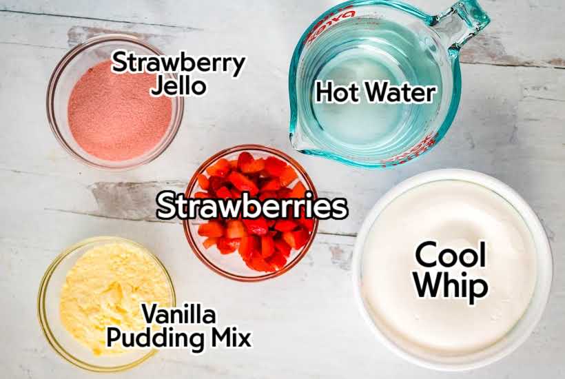 Ingredients to make strawberries and cream salad with text labels.
