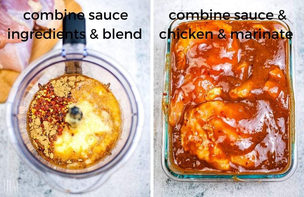 Two photo collage of making the bbq sauce and marinating the chicken in the sauce with text overlay.