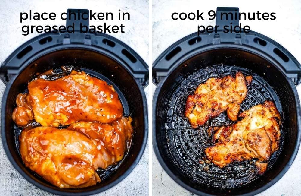 Two photo collage of the Hawaiian chicken placed in an air fryer basket and the BBQ chicken after it's been cooked with text overlay.