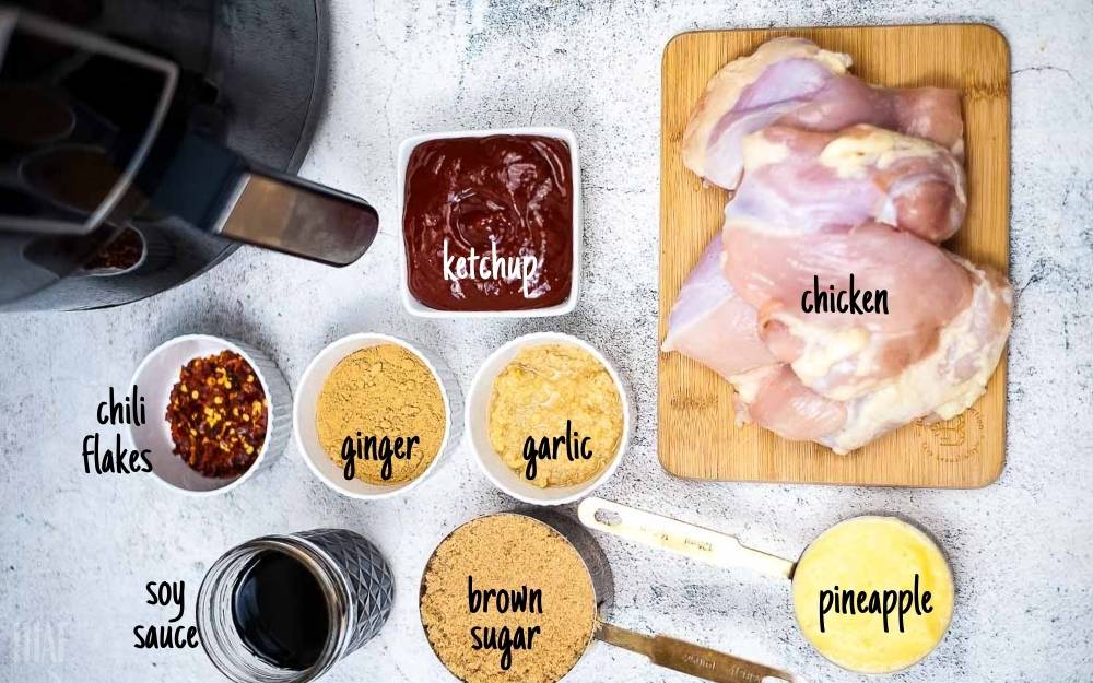 Ingredients to make Huli Huli chicken in the air fryer with text labels.