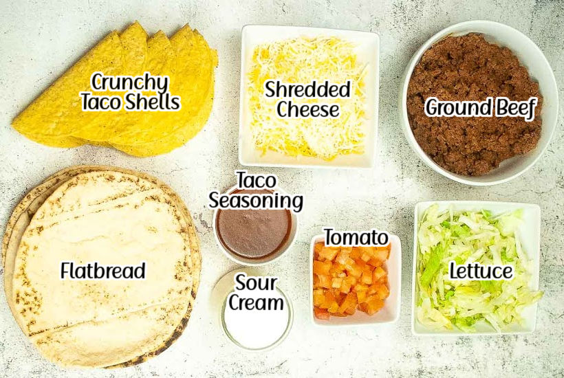 Ingredients to make cheesy gordita crunch recipe with text labels.