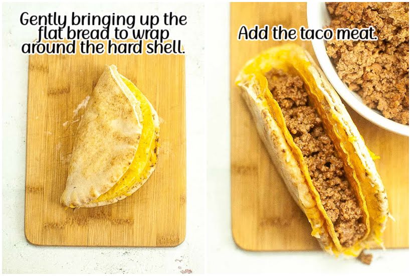 Two photo collage of folding the gordita and adding taco meat with text overlay.