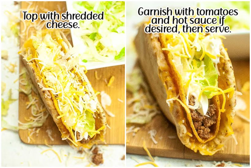 Two photo collage of topping the homemade Taco Bell Cheesy Gordita Crunch with shredded cheese and garnishing with tomatoes and hot sauce with text overlay.