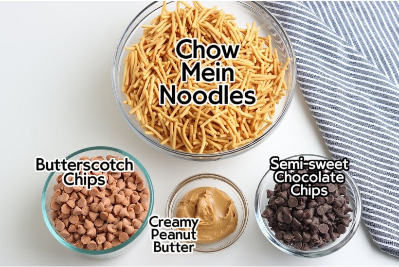 Ingredients to make butterscotch haystack cookies recipe with text labels.