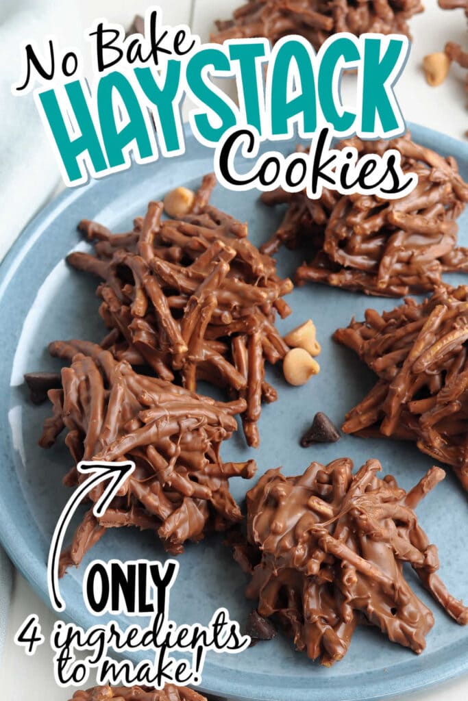 No bake haystack cookies on a blue plate with text overlay.