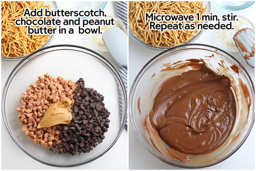 Two photo collage of mixing the butterscotch and chocolate chips with peanut butter and the mixture after it's been microwaved with text labels.