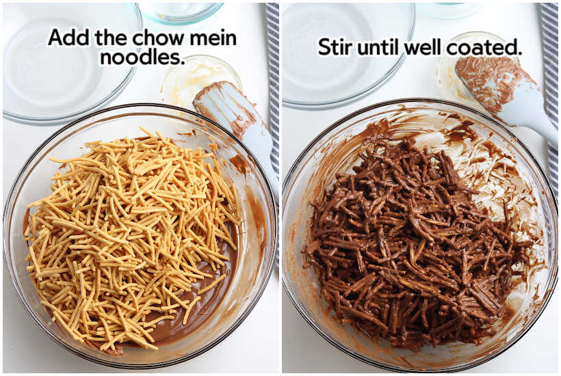 Two photo collage of adding the chow mein noodles to the chocolate mixture and stirring the no bake cookie mixture together with text overlay.