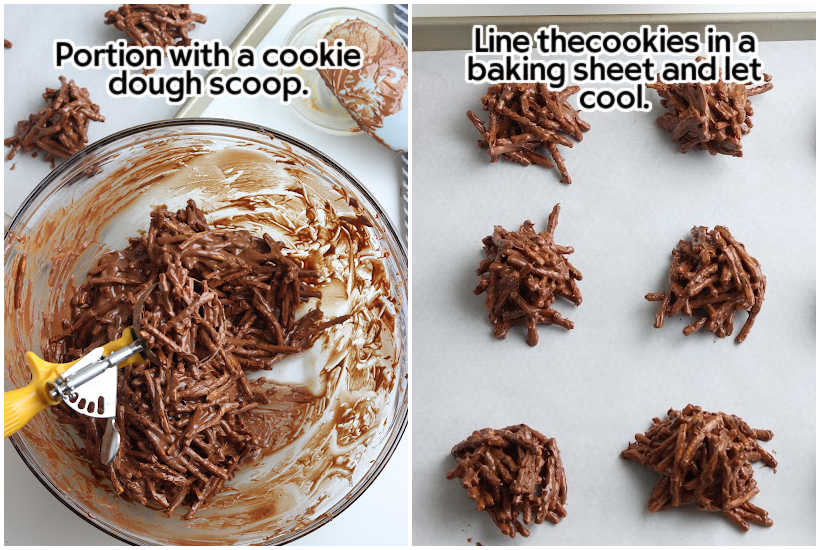 Two photo collage of scooping the cookie mixture and placing them on the baking sheet with text overlay.