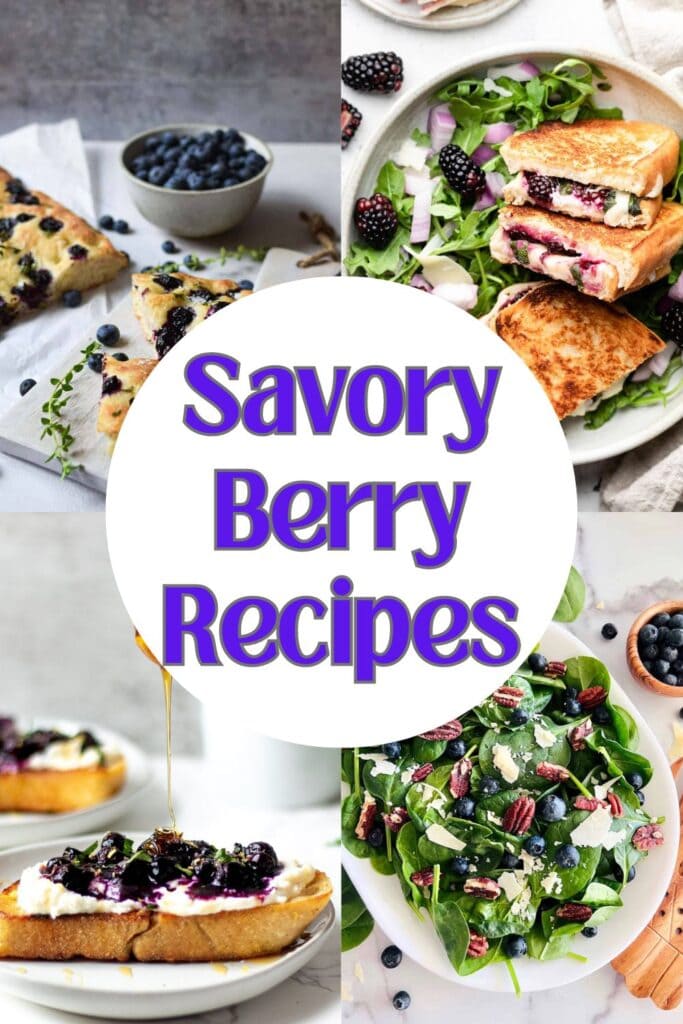 Four photo collage of savory dishes made with berries with text overlay.
