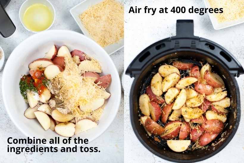 Two photo collage of combining the ingredients in a white bowl and the ingredients in an air fryer basket with text labels.