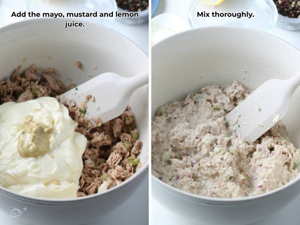 Two photo collage of adding the mayonnaise, mustard and lemon juice to the tuna mixture and mixing it all up with text overlay.