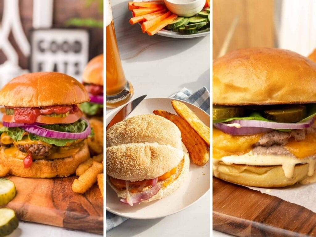 Three photo collage of smash burgers.