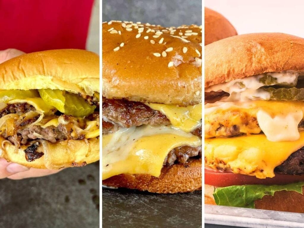 Three photo collage of griddle burgers.