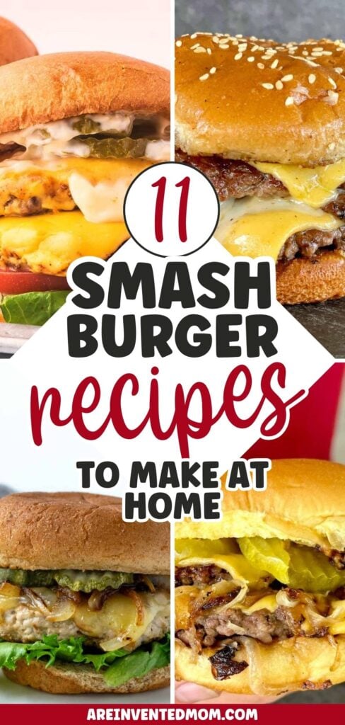 Four photo collage of Smash Burgers with text overlay.