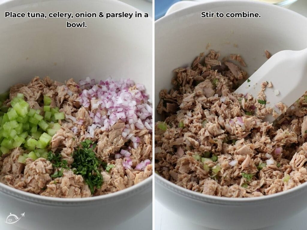 Two photo collage of the tuna, celery, onion and parsley in a bowl and mixing it together with text overlay.