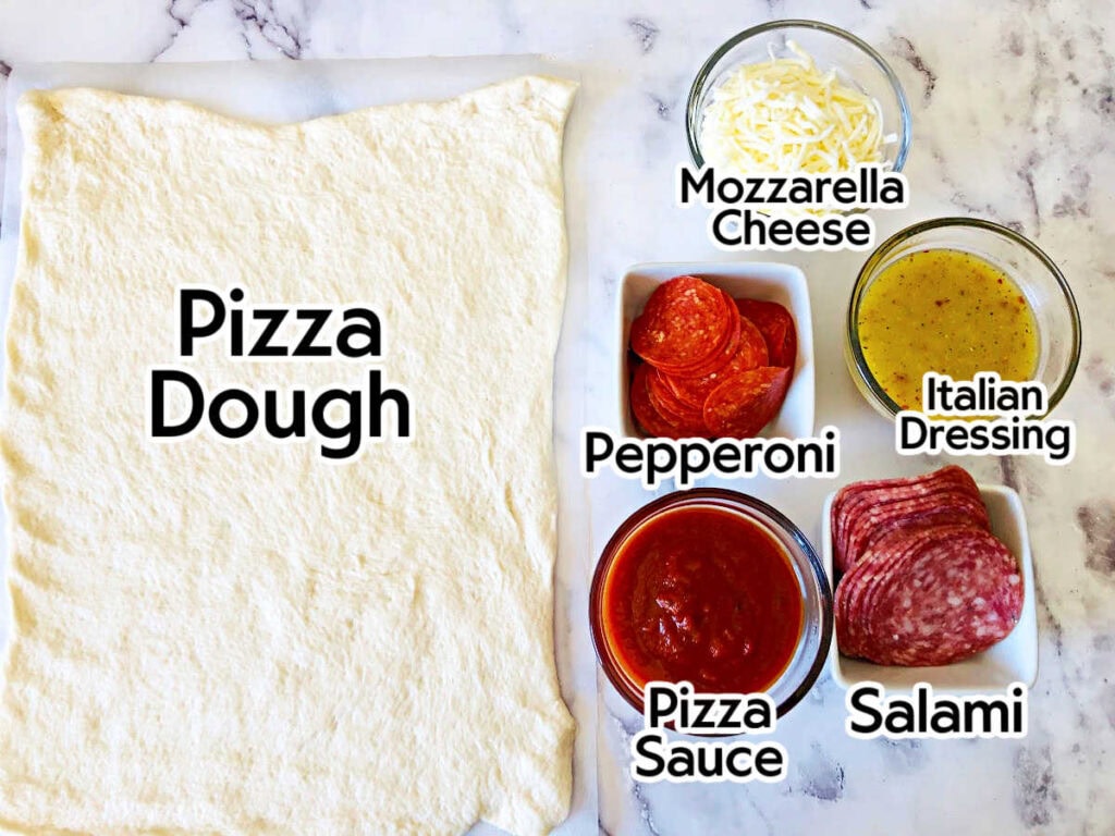 Ingredients to make semi-homemade Italian Stromboli recipe with text labels.